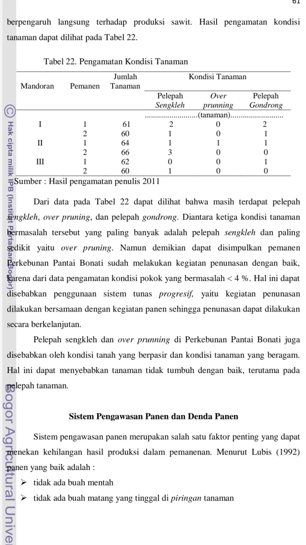 Tabel 22. Pengamatan Kondisi Tanaman 