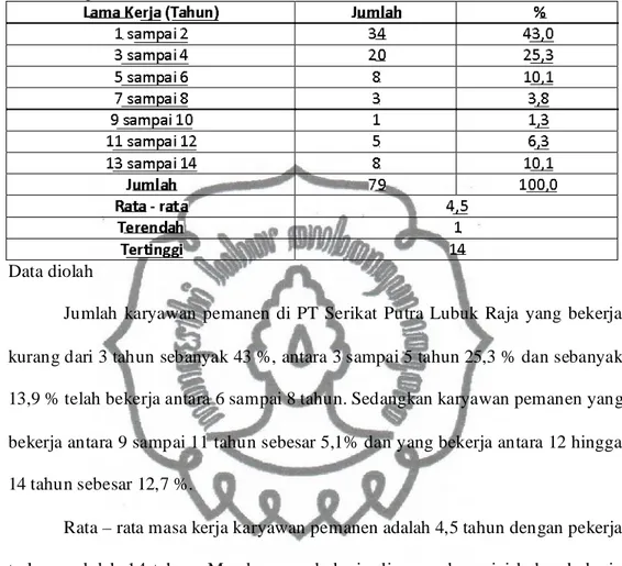 Tabel 4.8 Prosentase Masa Kerja Karyawan Pemanen PT Serikat Lubuk  Raja 