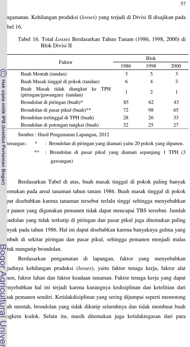 Tabel  16.  Total  Losses  Berdasarkan  Tahun  Tanam  (1986,  1998,  2000)  di          Blok Divisi II 