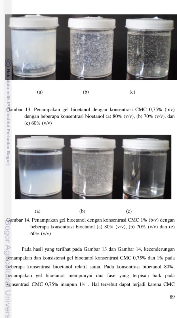 Gambar  13.  Penampakan  gel  bioetanol  dengan  konsentrasi  CMC  0,75%  (b/v)  dengan beberapa konsentrasi bioetanol (a) 80% (v/v), (b) 70% (v/v), dan  (c) 60% (v/v) 