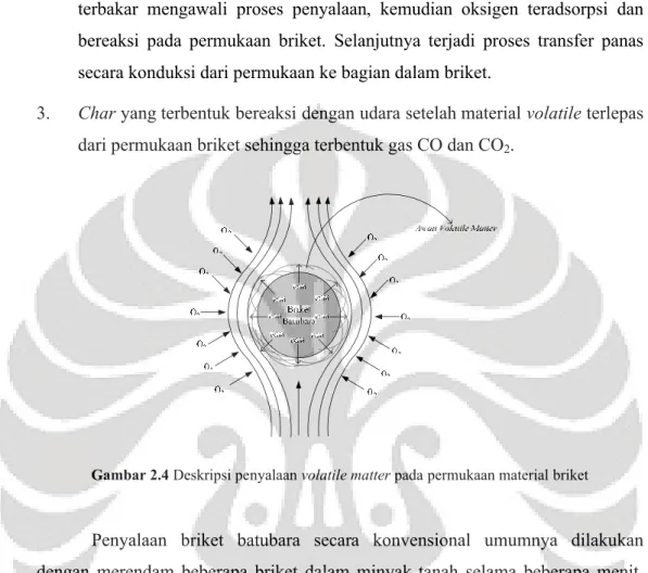 Gambar 2.4 Deskripsi penyalaan volatile matter pada permukaan material briket
