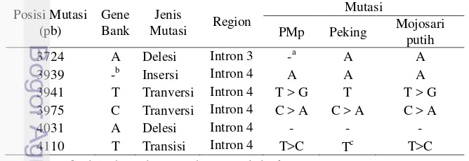 Tabel 5  Analisis deteksi mutasi gen prolaktin itik PMp, Peking dan Mojosari putih 