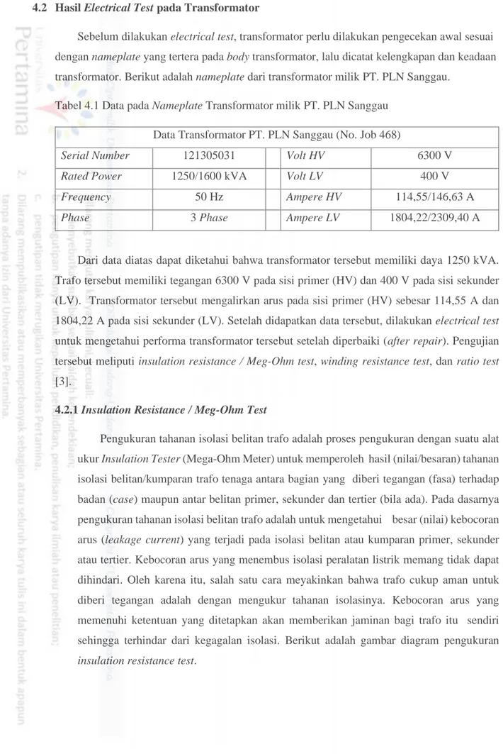 Tabel 4.1 Data pada Nameplate Transformator milik PT. PLN Sanggau  Data Transformator PT