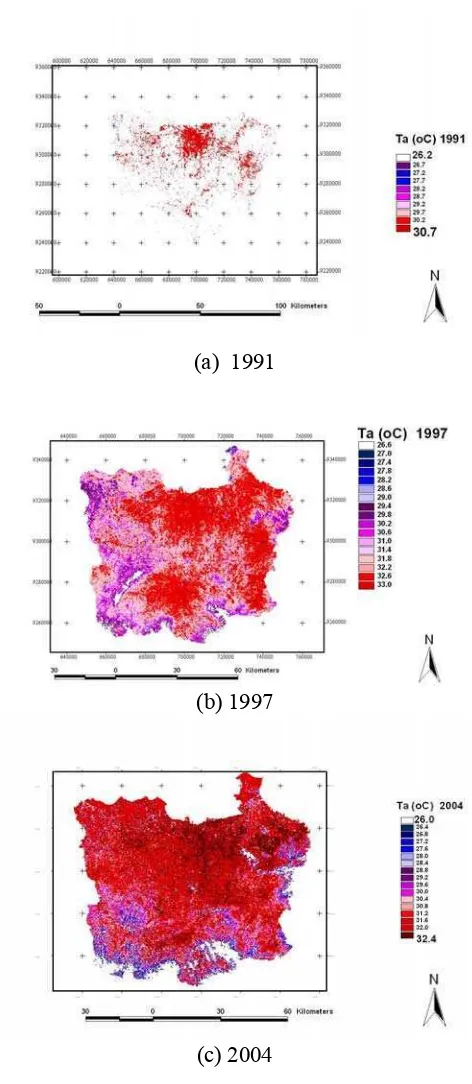 Gambar 10.  Sebaran nilai suhu udara terkalibrasi hasil ekstraksi Landsat                                   periode 1991, 1997 dan 2004 