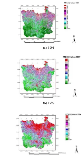 Gambar 11.  Nilai RTH(%) di Wilayah JABOTABEK                       Periode 1991, 1997 dan 2004 
