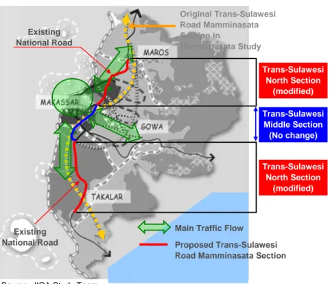 Gambar S.3 Modifikasi Rute Jalan Trans Sulawesi Mamminasata    (6)  Lokasi Kota Satelit dan Posisi Bypass Mamminasata   
