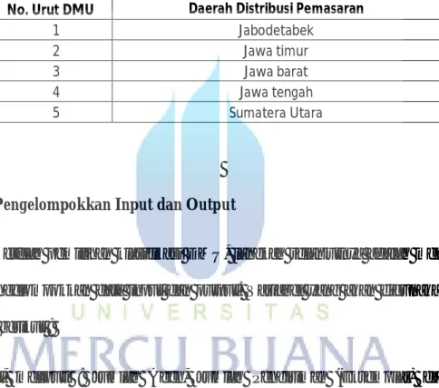 Tabel 4.1 Klasifikasi Decision Making Unit (DMU)  No. Urut DMU  Daerah Distribusi Pemasaran 