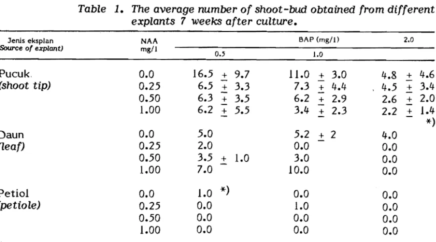 Table 1.  The average number of shoot-bud obtained from different 