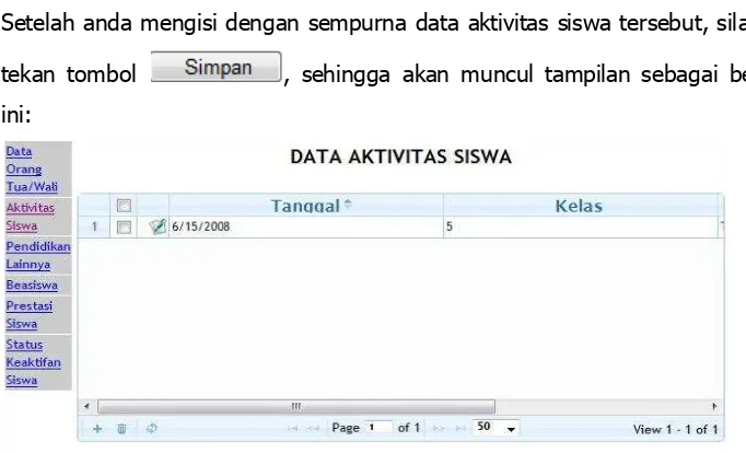 Gambar II-47 Form Indeks Data Aktivitas Siswa yang sudah terisi 