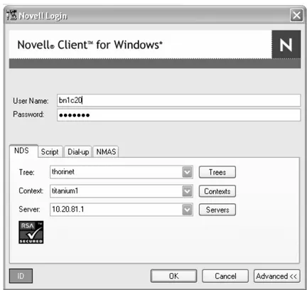 Gambar 4.   Novell Login Client pada Windows 