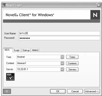 Gambar 4.   Novell Login Client pada Windows 