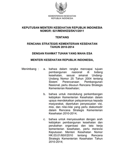 KEPUTUSAN MENTERI KESEHATAN REPUBLIK INDONESIA NOMOR: 021/MENKES/SK/1/ ...