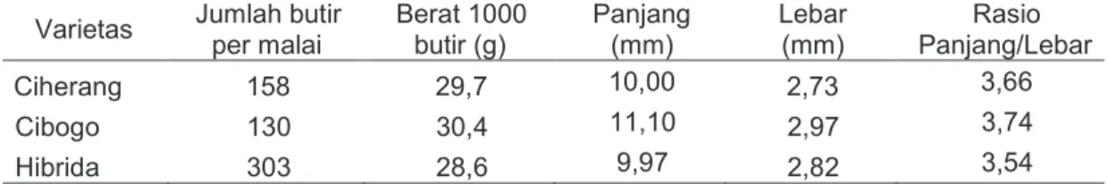 Tabel 1. Dimensi Gabah pada Beberapa Varietas Padi