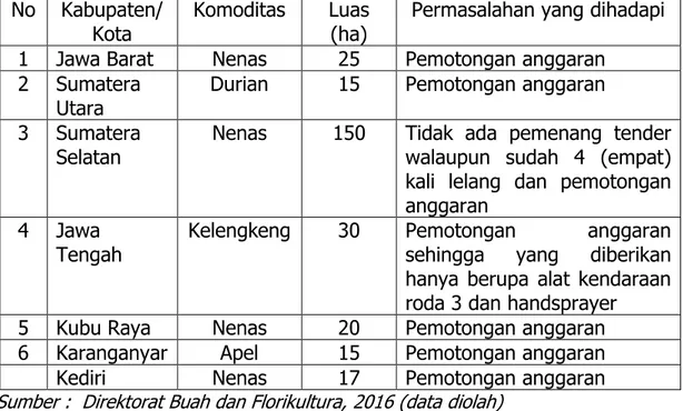 Tabel 16. Permasalahan Tidak Tercapainya Target Pengembangan Kawasan  Buah Lainnya di Beberapa Kabupaten Sentra Buah 