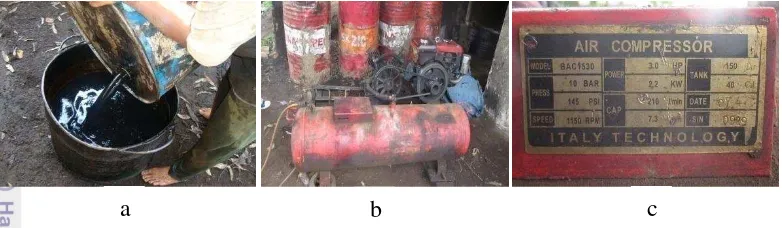 Gambar 5 Bahan bakar dan alat pembakaran. a) oli bekas sebagai bahan bakar, b) 