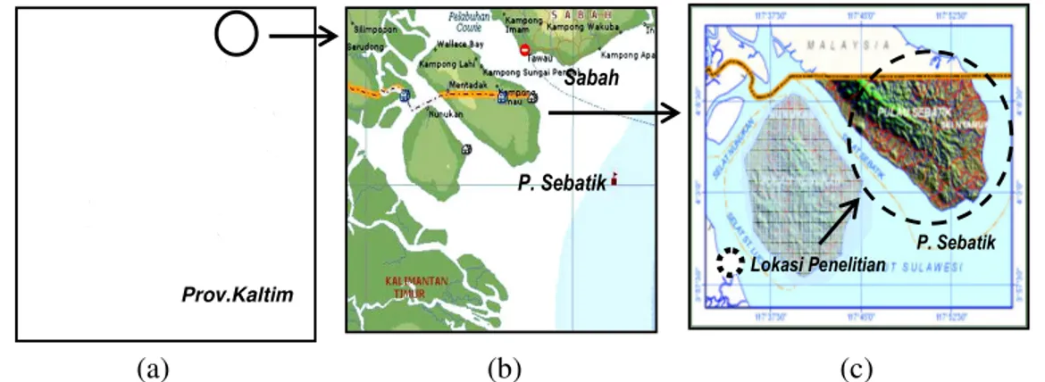 Gambar  4.  Lokasi  penelitian  (Provinsi  Kalimantan  Timur  [a],  Pulau  Sebatik  dan  sekitarnya [b], dan Pulau Sebatik [c]) 