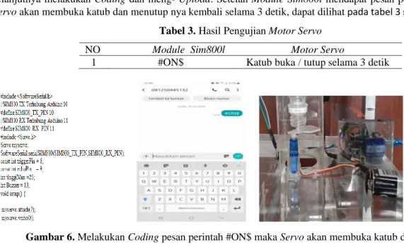 Gambar 6. Melakukan Coding pesan perintah #ON$ maka Servo akan membuka katub dan menutup  2.2.3 Pengujian Sensor Ultrasonik 