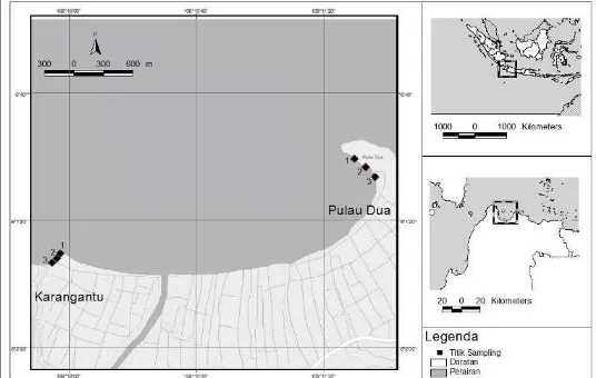 Gambar 2. Peta lokasi penelitian di perairan mangrove Karangantu dan  Pulau Dua, Banten 