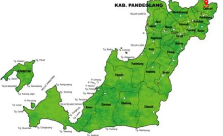 Gambar 1. Peta Kabupaten Pandeglang, Banten. Tanda merah menunjukkan lokasi pengambilan  sampel Kecamatan Cadasari