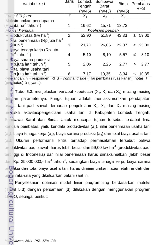 Tabel 5.3. Matriks input-output program linier usaha tani padi sawah di tiga lokasi penelitian tahun 2010