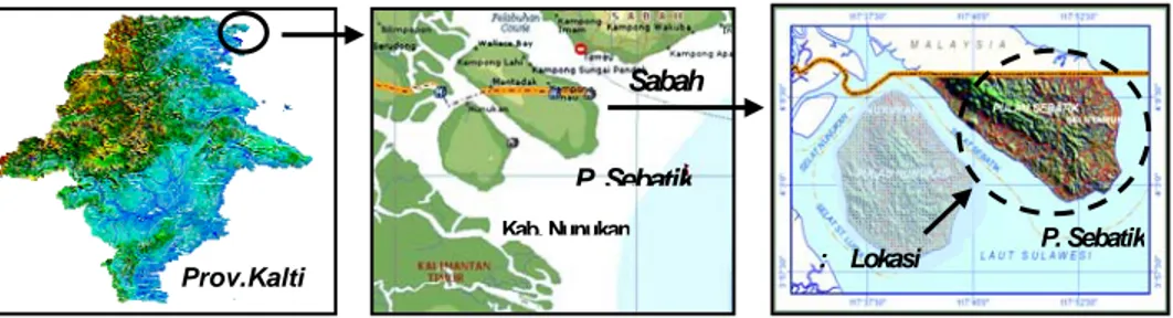Gambar 1. Provinsi Kalimantan Timur (a), Pulau Sebatik dan sekitarnya (b), dan Pulau  Sebatik (c) 