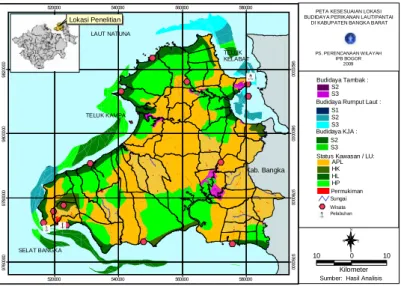 Gambar 2. Peta Kesesuaian lahan dan perairan untuk budidaya tambak, KJA dan rumput laut di Kabupaten Bangka Barat