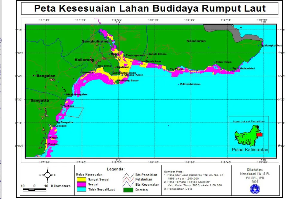 Gambar 7. Peta Kesesuaian Lahan Budidaya Rumput Laut Sistem Long Line di Pesisir Kabupaten Kutai Timur