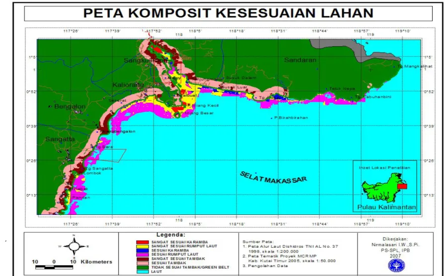 Gambar 8. Peta Komposit Kesesuaian Lahan Budidaya Tambak, Karamba, dan Rumput Laut di Wilayah Pesisir KabupatenKutai Timur 