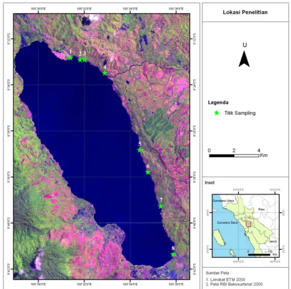 Gambar 1.  Lokasi penelitian Danau Singkarak, Sumatera Barat (Sumber: Bako- Bako-surtanal 2000) 