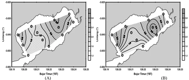Gambar 3.   Sebaran  konsentrasi nitrat (mg/l) massa air permukaan laut  Teluk  Ambon 