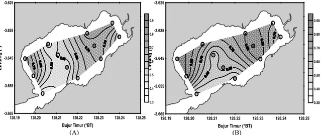 Gambar 5.   Sebaran konsentrasi fosfat (mg/l) massa air permukaan laut Teluk Ambon 