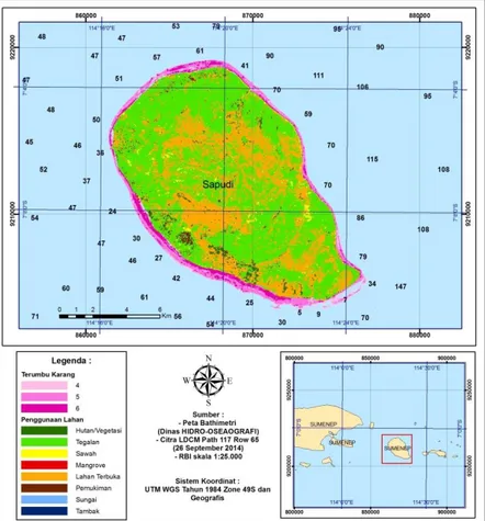 Gambar 2. Peta Sebaran terumbu karang hasil interpretasi citra LDCM menggunakan metode  Lyzenga di Pulau Sapudi 