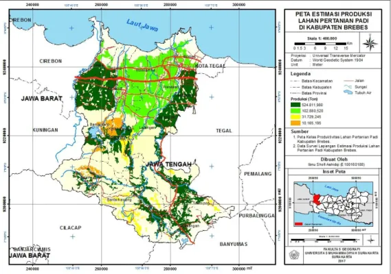 Gambar 1. Peta Estimasi Produksi Lahan Pertanian Padi Di Kabupaten Brebes  Peta produksi pertanian padi di Kabupaten Brebes berfungsi untuk melihat  pola  persebaran  produktivitas  pertanian  padi  sehingga  dapat  digunakan  sebagai  pertimbangan  pemeri