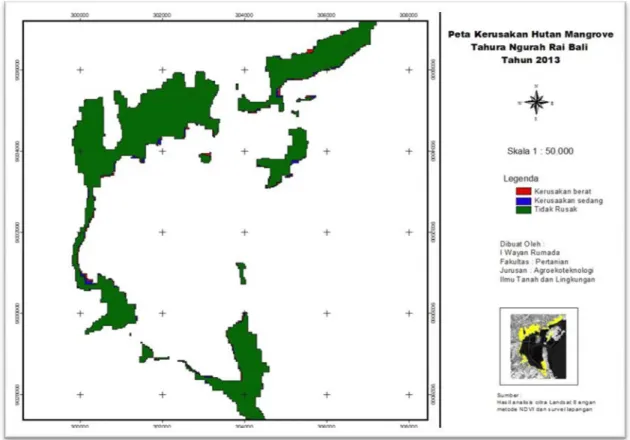 Gambar 2. Peta Kerusakan Hutan Mangrove di Tahura Ngurah Rai Bali 2013  4.    Kesimpulan dan Saran 