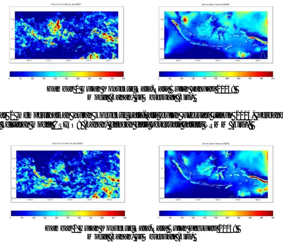 Gambar 1 memperlihatkan hujan konvektif rata-rata bulan Januari tahun 2004, perbandingan antara  keluaran model DARLAM (kanan) dengan data observasi satelit TRMM (kiri)