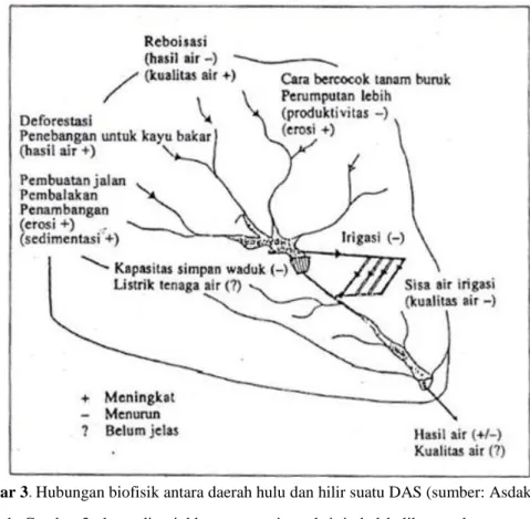 Gambar 3 .  Hubungan biofisik antara daerah hulu dan hilir suatu DAS (sumber: Asdak, 2002)     Pada Gambar 3, dapat ditunjukkan eratnya interaksi timbal-balik antar komponen-komponen  lingkungan  DAS