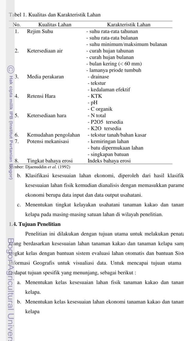 Tabel 1. Kualitas dan Karakteristik Lahan   