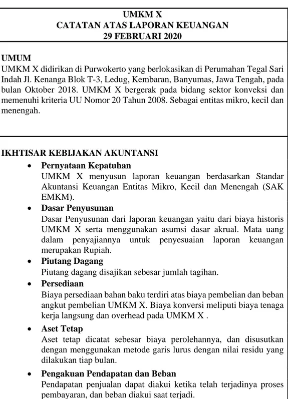 Tabel 3.5 Catatan Atas Keuangan Laporan UMKM X 
