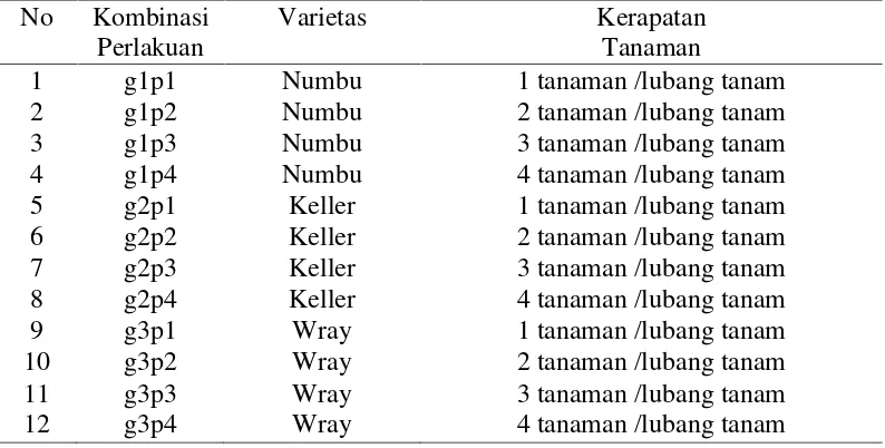 Tabel 1.Kombinasi perlakuan varietas tanaman dan kerapatan tanamanan dalampercobaan.