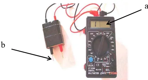 Gambar 7 Contoh alat ukur impedansi meter hasil modifikasi dari multimeter standar. Layar monitor (a) dan sensor elektroda (b)