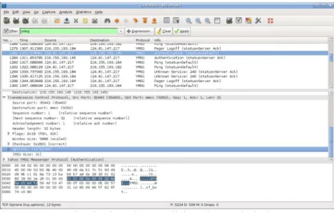 Gambar tersebut menunjukkan paket TCP yang berisikan paket Yahoo! Messenger  yang dikirimkan oleh client ke server