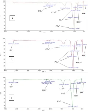 Gambar  3.1  Spektogram  FTIR  HAp  sintesis  pada  rasio  mol  Ca/P  1,60  dengan    suhu (a) 140 o C (b) 160 o C, dan (c) 180 o C 