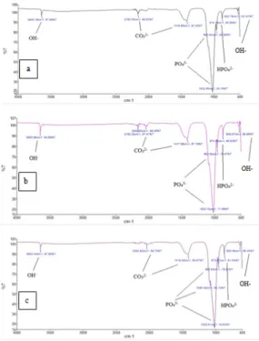 Gambar  3.3  Spektogram  FTIR  HAp  sintesis  pada  rasio  mol  Ca/P  1,74  dengan    suhu (a) 140 o C  (b) 160 o C, dan  (c) 180 o C 