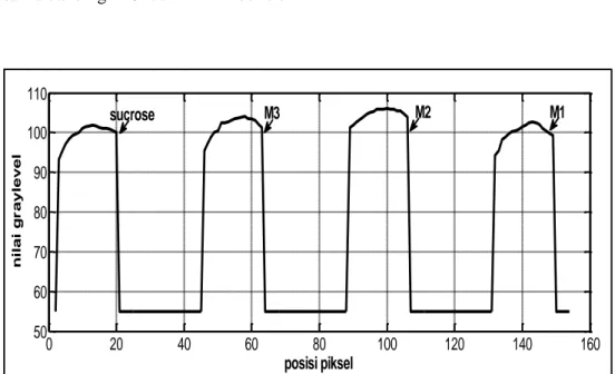 Gambar 3 Grafik profil garis fungsi graylevel vs posisi piksel pada tegangan 60 kV 