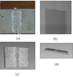 Gambar 4. Hasil Rekonstruksi Citra Dari   Sampel Lasan Aluminium-Aluminium.  (a) Foto  Lasan FSW Aluminium, (b) Radiografi Neutron Dari 