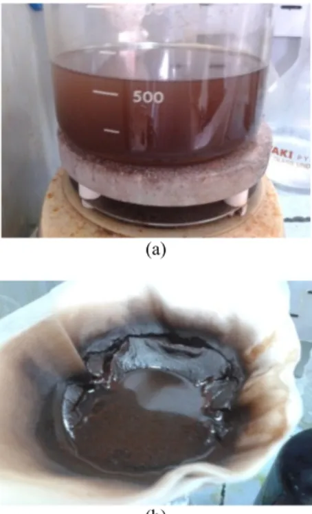 Gambar 3. (a) Pengendapan dengan amonia dan (b) proses  penyaringan 