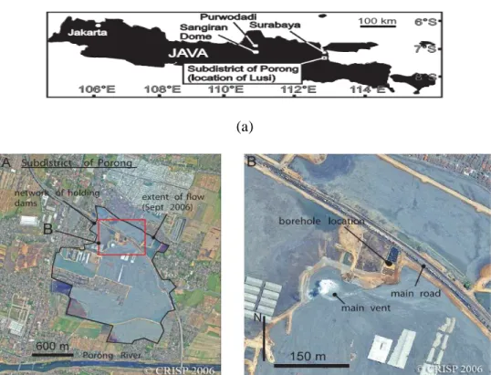 Gambar 3.1  Lokasi pengambilan sampel (a) Peta pulau jawa yang menunjukkan  lokasi semburan lumpur di Kecamatan Porong, Kabupaten Sidoarjo  (b)  Image  satelite  seluruh  wilayah  semburan  Lusi  yang  diambil  setelah  100  hari  semburan  dimulai  (c)  I