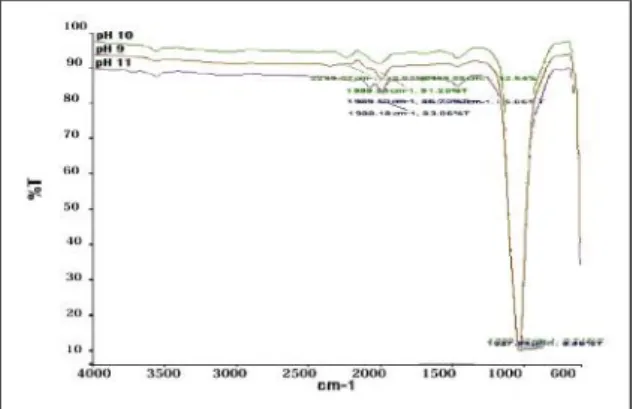 Gambar  2. Pola  spektrum FTIR hidroksiapatit hasil sintesis pada pH : 9, 10, 11 dan kecepatan pengadukan 250rpm
