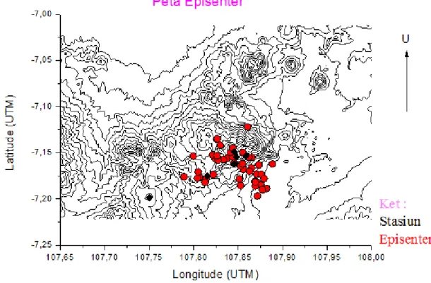 Gambar 4.1 Hasil pemetaan sebaran Episenter gempa di permukaan bumi  Gambar 4.1 menunjukkan sebaran episenter gempa vulkanik dan tektonik yang  penyebarannya  terdistribusi  ke  arah  yang  berbeda  dalam  gugusan  komplek  gunungapi  Guntur