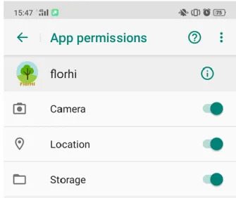 Gambar 2 Penyetelan permissions aplikasi FlorHI Android. 